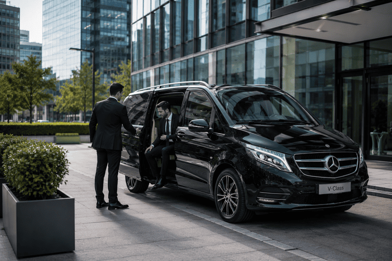 Luxury business travel with Mercedes V-Class and professional chauffeur assisting an executive outside a corporate office building.