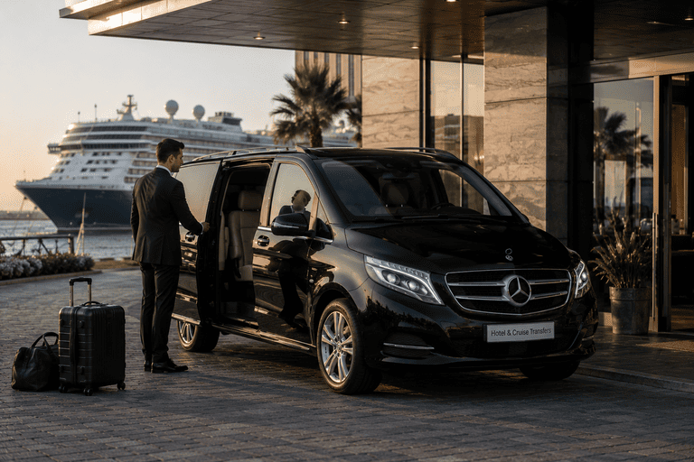 Luxury hotel and cruise transfer with Mercedes V-Class and professional chauffeur outside a hotel near a cruise terminal.