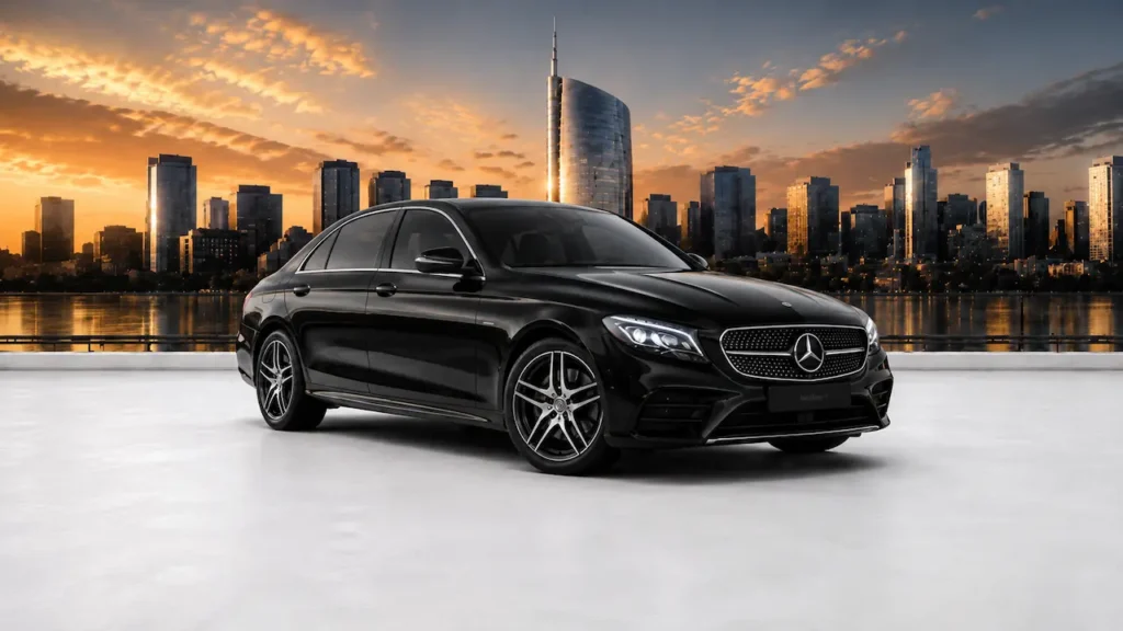 Black Mercedes E-Class for luxury chauffeur service in Milan at sunset