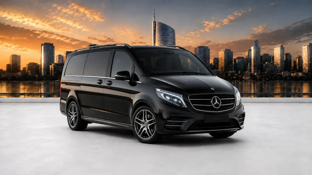 Black Mercedes V-Class for luxury chauffeur service in Milan at sunset