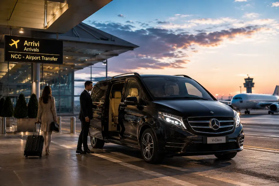 Luxury Mercedes V-Class airport transfer with professional chauffeur welcoming passengers outside the airport arrivals terminal.