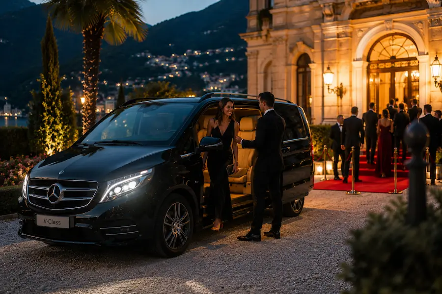 Professional chauffeur welcoming guests from a luxury Mercedes V-Class at an exclusive evening event with red carpet entrance.