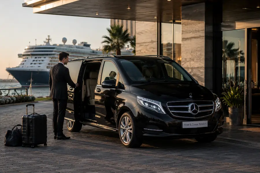 Luxury hotel and cruise transfer with Mercedes V-Class and professional chauffeur outside a hotel near a cruise terminal.
