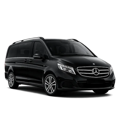 Black Mercedes V-Class luxury chauffeur van for airport transfers, business travel and private group transportation.