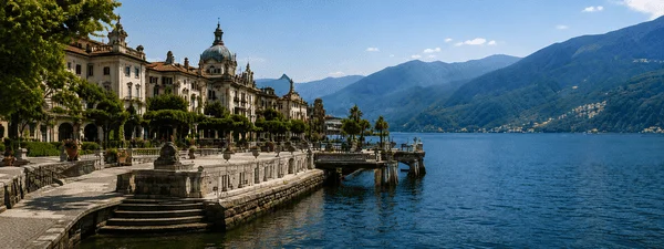 Villa d'Este overlooking Lake Como with its historic waterfront, elegant gardens and panoramic mountain scenery.
