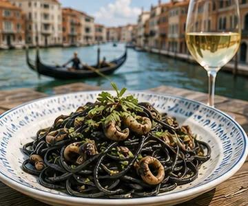 Traditional Venetian local dishes and seafood pasta overlooking a canal in Venice