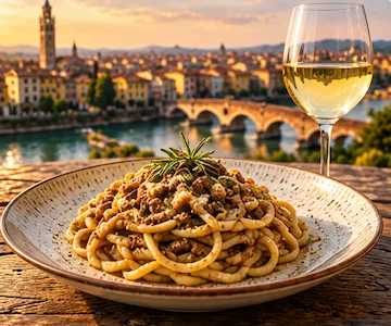 Traditional Veronese pasta with Verona skyline during a private transfer from Malpensa Airport