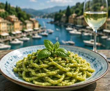 Traditional Portofino and Ligurian local dishes including Trofie al Pesto