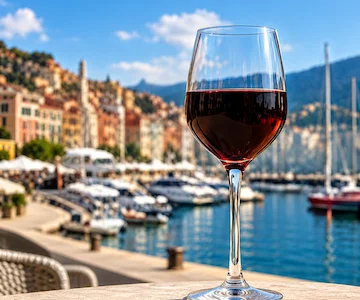 Glass of Ligurian red wine overlooking Genoa marina