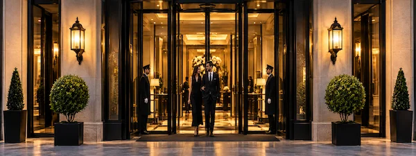 Luxury hotel entrance in Milan during Milan Fashion Week