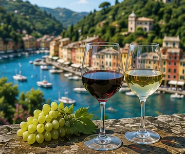 Local Ligurian wines overlooking the harbour and coastline of Portofino