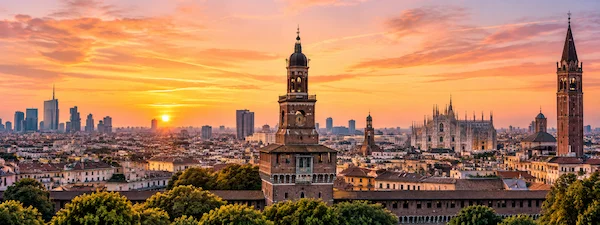 Milan skyline at sunset during Milan Fashion Week