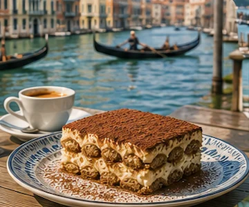 Traditional Venetian desserts with tiramisu overlooking a canal in Venice