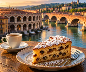 Traditional Veronese cake with Verona and the Adige River in the background