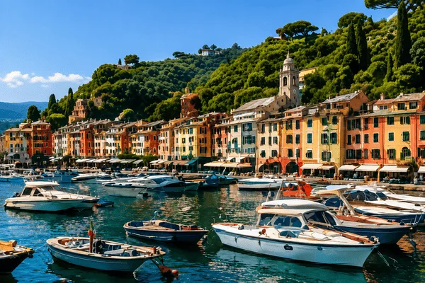 Portofino harbour with luxury boats and colourful waterfront buildings
