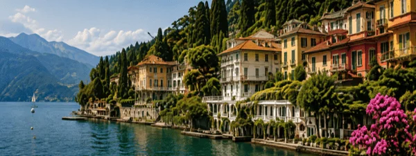 Colorful lakeside villas and gardens along the Bellagio waterfront on Lake Como with panoramic mountain views.