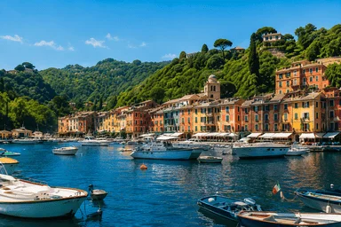Portofino harbour with colourful houses and boats on the Italian Riviera