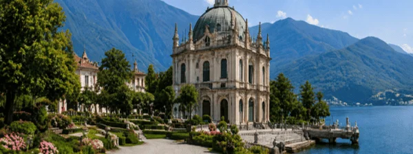 Villa del Balbianello overlooking Lake Como with its historic gardens and panoramic mountain views.