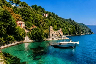 Portofino coastline with turquoise sea and luxury boat on the Italian Riviera