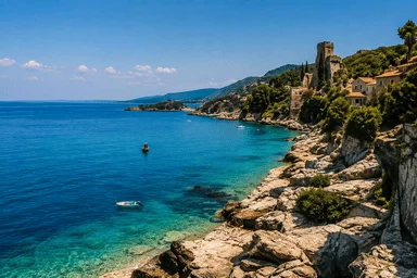 Panoramic view of the Portofino coastline and blue Mediterranean Sea