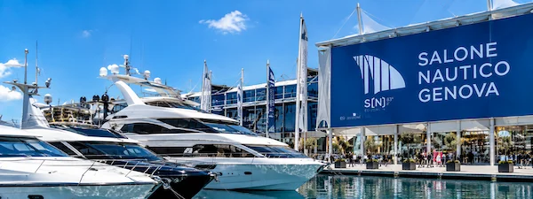 Luxury yachts at the Genoa Boat Show exhibition venue