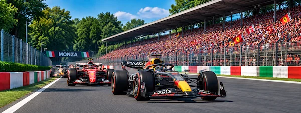 Formula 1 cars racing at the Monza Grand Prix circuit