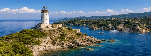 Portofino lighthouse overlooking the Ligurian coast and Mediterranean Sea