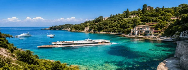 Portofino Bay with turquoise water, boats and green coastline on the Italian Riviera