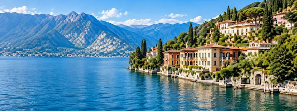 Lake Como waterfront with villas and mountains near Monza