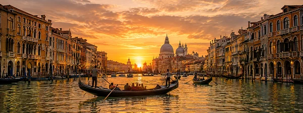Gondolas on the Grand Canal in Venice at sunset, luxury private chauffeur transfer to Venice