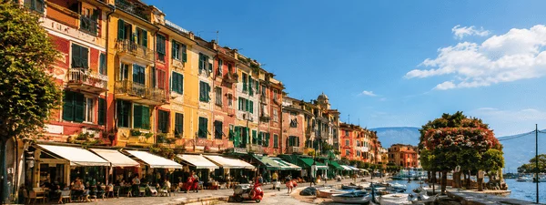 Portofino village waterfront with colourful buildings and boats on the Italian Riviera