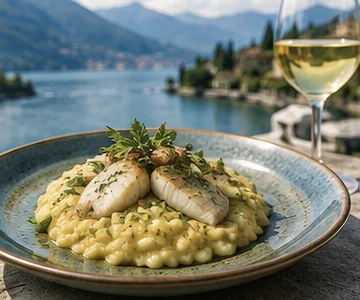 Traditional Lake Como dishes including Risotto al Pesce Persico, Missoltini, Polenta Uncia and grilled Lavarello served with a panoramic lake view.