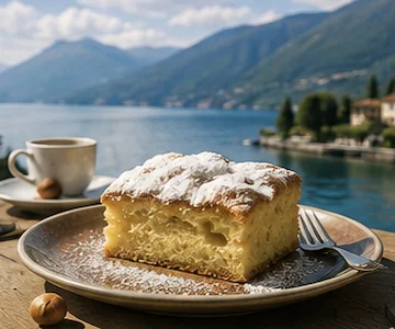 Traditional Lake Como desserts including Miascia and Nocciolini di Canzo served with a lake view.