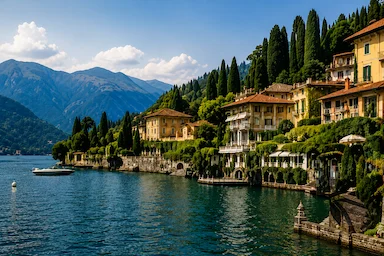 Elegant lakeside villas and historic residences overlooking Lake Como with mountain scenery and crystal-clear waters.