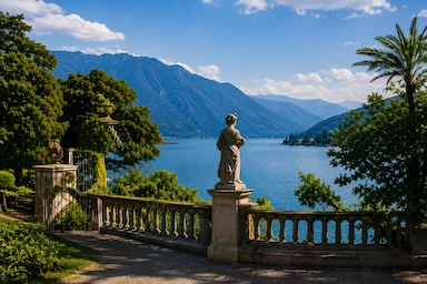 Historic villa gardens overlooking Lake Como with panoramic lake views, elegant terraces and Alpine scenery.