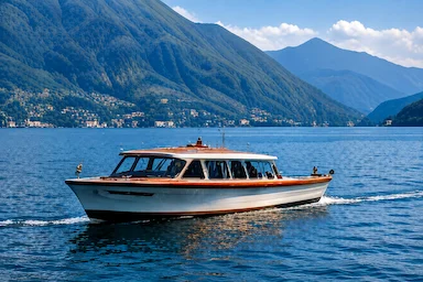 Traditional wooden boat cruising across Lake Como with panoramic mountain views and crystal-clear waters.