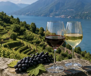 Selection of local wines from the Lake Como region including Valtellina Superiore DOCG, Sforzato di Valtellina DOCG and Franciacorta DOCG.