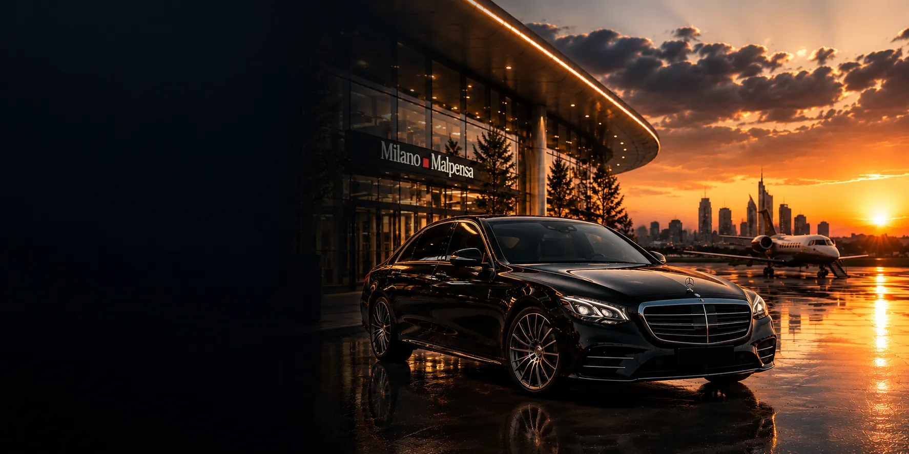 Luxury Mercedes-Benz chauffeur service at Milan Malpensa Airport with private jet and Milan skyline.