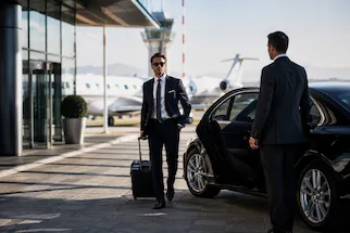 Luxury business travel with Mercedes E-Class sedan and professional chauffeur assisting an executive at the airport.
