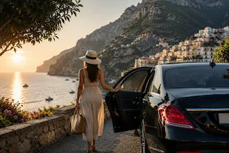 Luxury Mercedes E-Class chauffeur service for leisure travel on the Amalfi Coast with guests enjoying a scenic coastal destination.