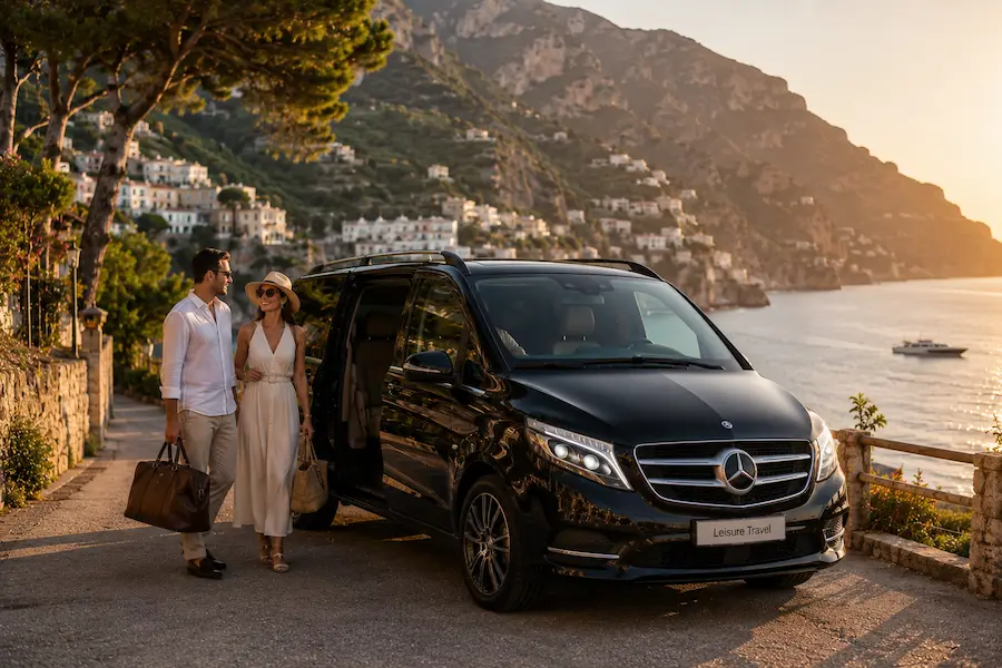 Luxury Mercedes V-Class chauffeur service for leisure travel on the Amalfi Coast with guests enjoying a scenic coastal destination.