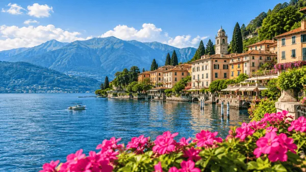 Luxury chauffeur transfer from Milan to Bellagio with panoramic view of Lake Como, waterfront villas and alpine landscape.