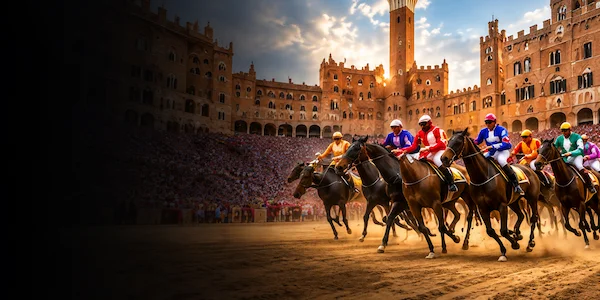 Horse race at the Palio di Siena in Piazza del Campo, Tuscany, Italy.