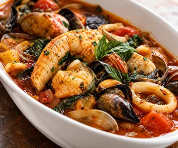 Cacciucco Tuscan seafood stew with fish, mussels, clams and squid