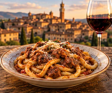Pici pasta with traditional Tuscan ragù overlooking Siena