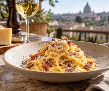 Traditional Roman spaghetti alla carbonara with St. Peter's Basilica in the background