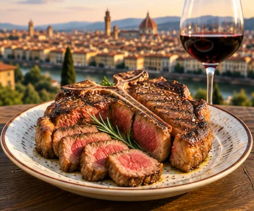 Bistecca alla Fiorentina with red wine and panoramic view of Florence