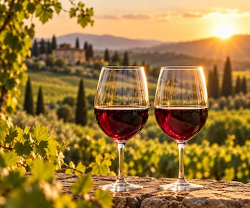 Tuscan red wine overlooking vineyards near Pisa at sunset