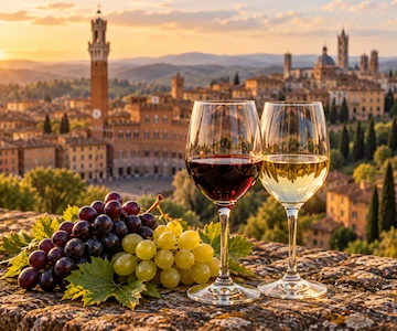 Local Tuscan wines and grapes overlooking Siena at sunset