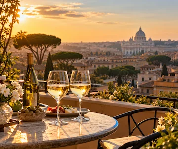 Two glasses of Italian white wine on a panoramic terrace overlooking Rome and St. Peter's Basilica at sunset
